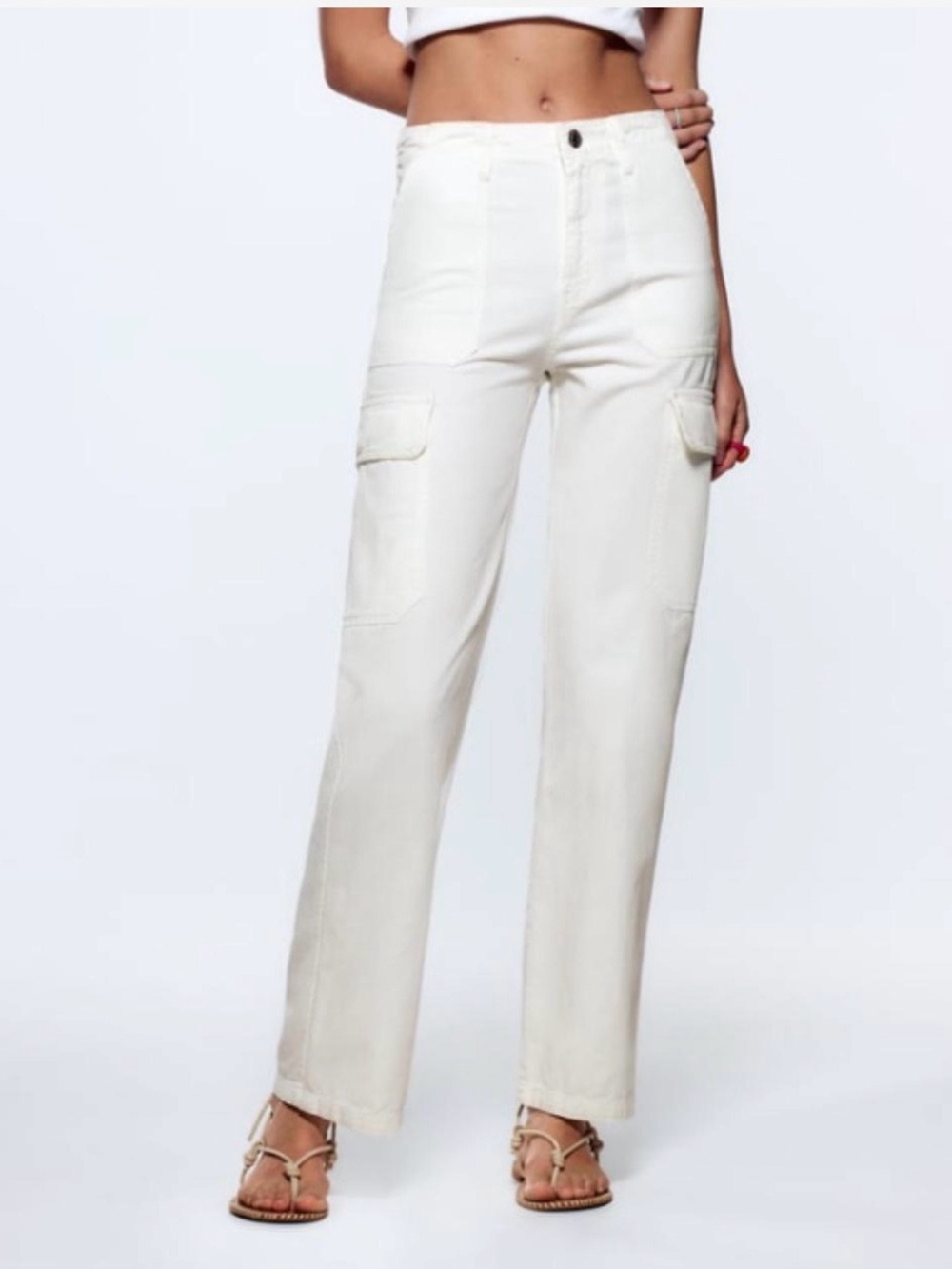 NWT Zara Straight-Leg Cargo Pants | Oyster White | Size 6